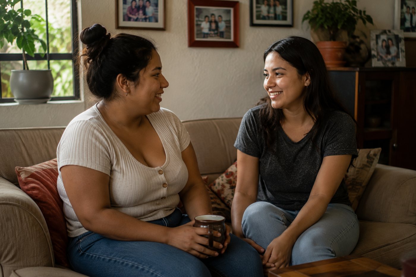 Dos mujeres jóvenes conversando en la sala de su casa